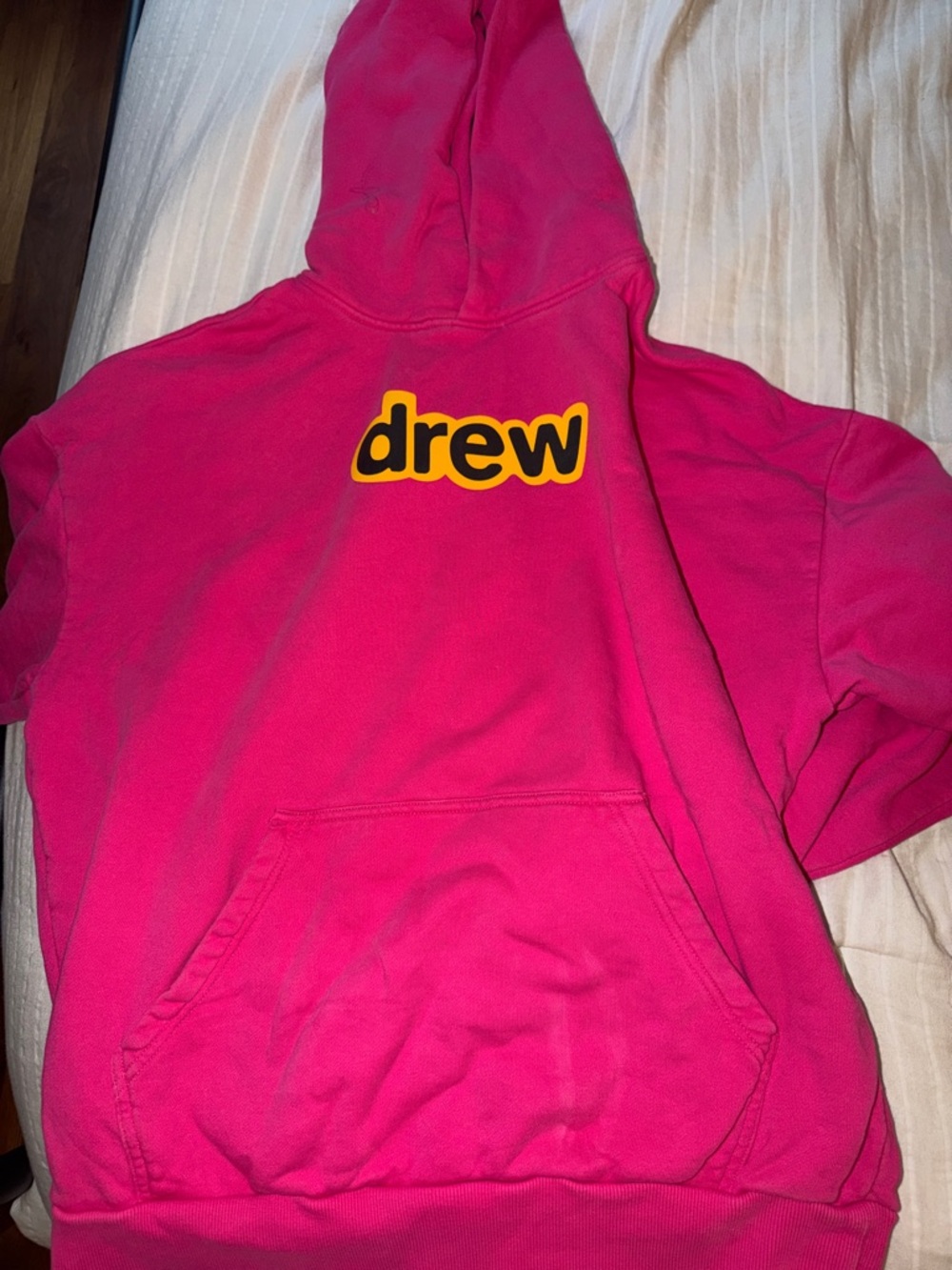 drew house hot pink hoodie with yellow logo